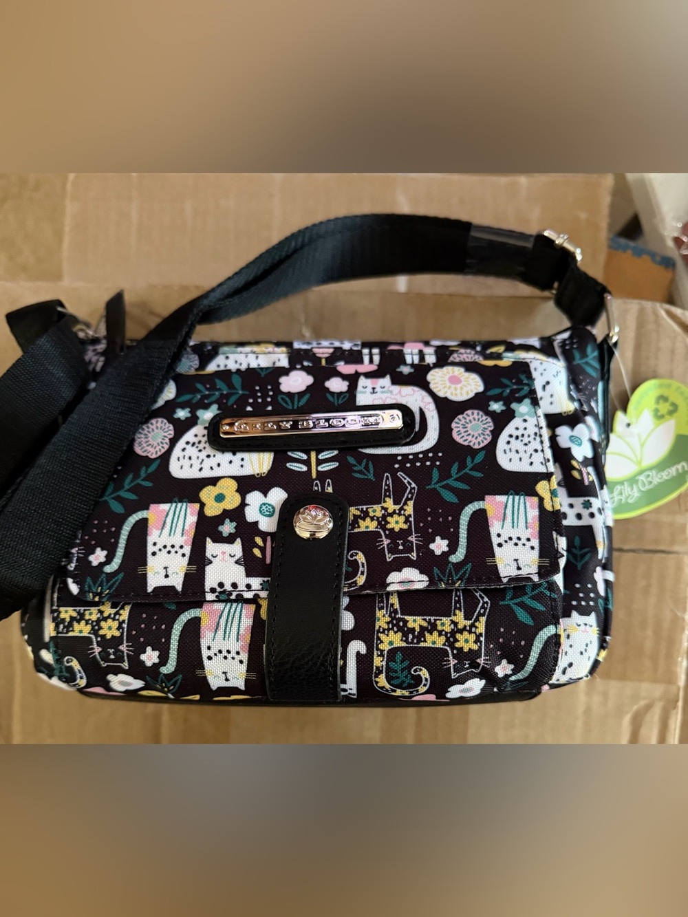 Cute Cat Print Crossbody Bag - Black Lily Bloom